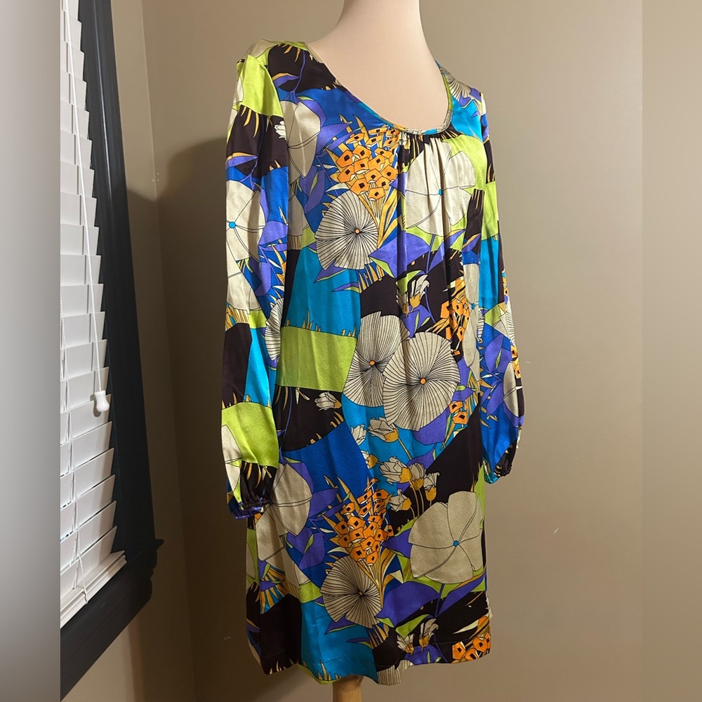 70s Hippie Floral Silk Long Sleeve Dress